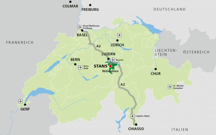 Map of Switzerland with Canton Nidwalden and with north-south car route marked